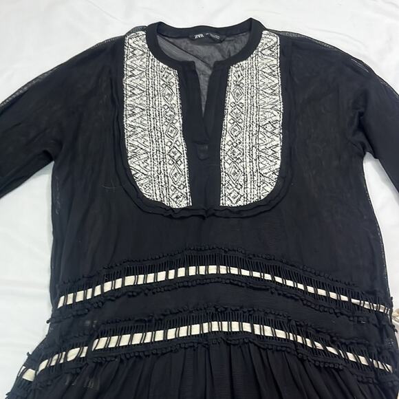 Zara Embroidered Black Midi Kaftan Lightweight Beach Bohemian Size Small Beachy - Picture 4 of 10